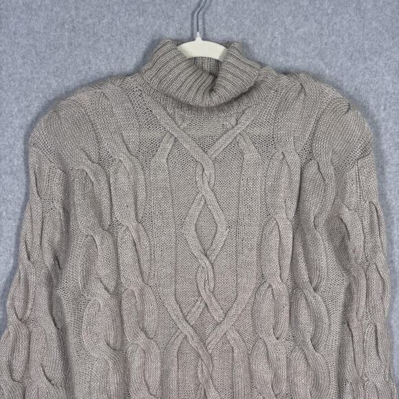 VTG 80s Sweater Medium Tan Cable Knit‎ Turtleneck Fisherman Mohair Wool Neutral - Picture 2 of 10